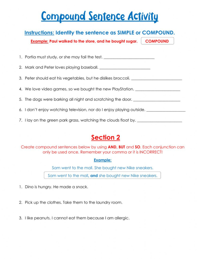 Compound Sentences Activity Worksheet