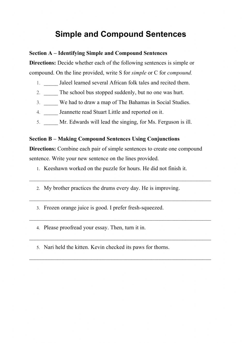 Compound Sentences Worksheet Pdf