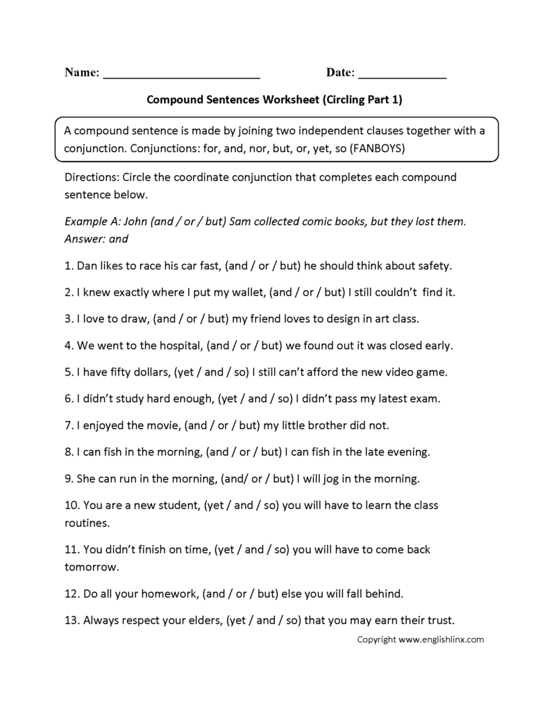 Compound Sentences Worksheets Circling Compound Sentences Worksheet 