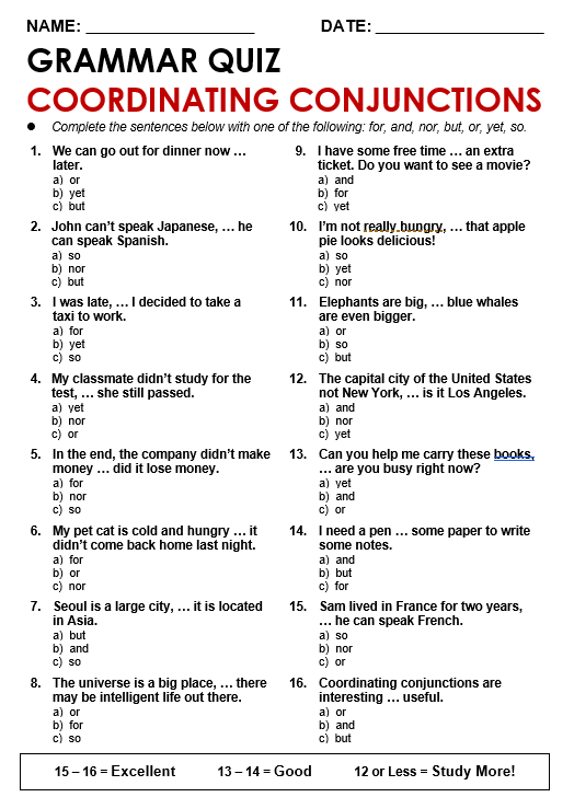 Coordinating Conjunctions Worksheets With Answers Worksheets Master