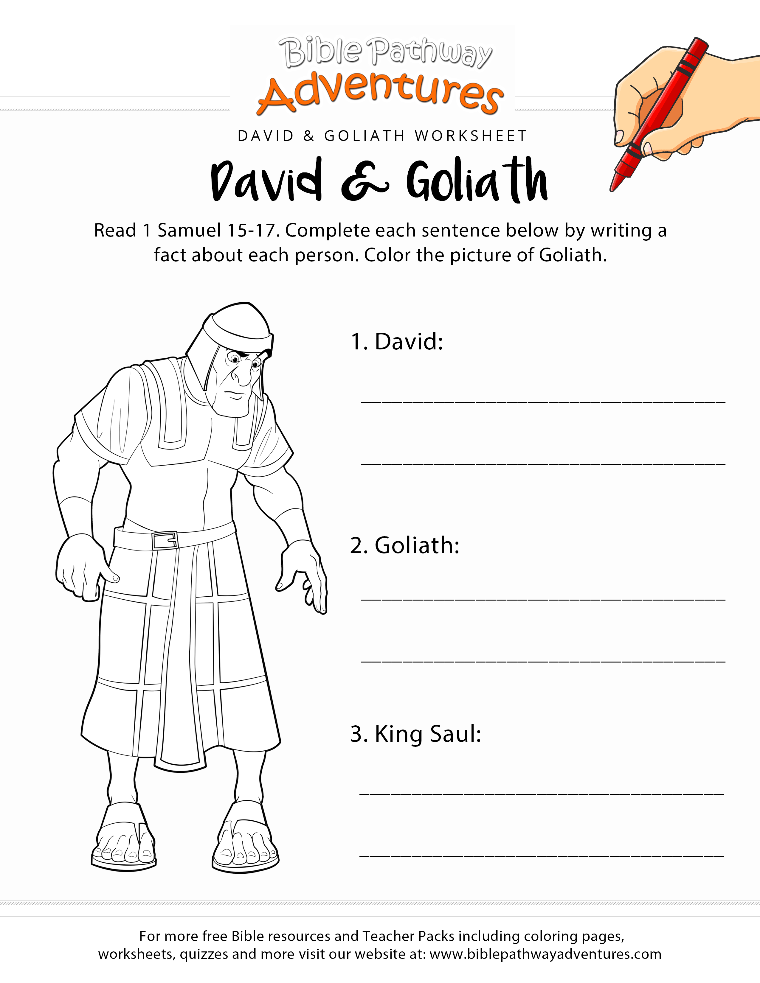 David And Goliath Free Bible Worksheet And Coloring Page Printable