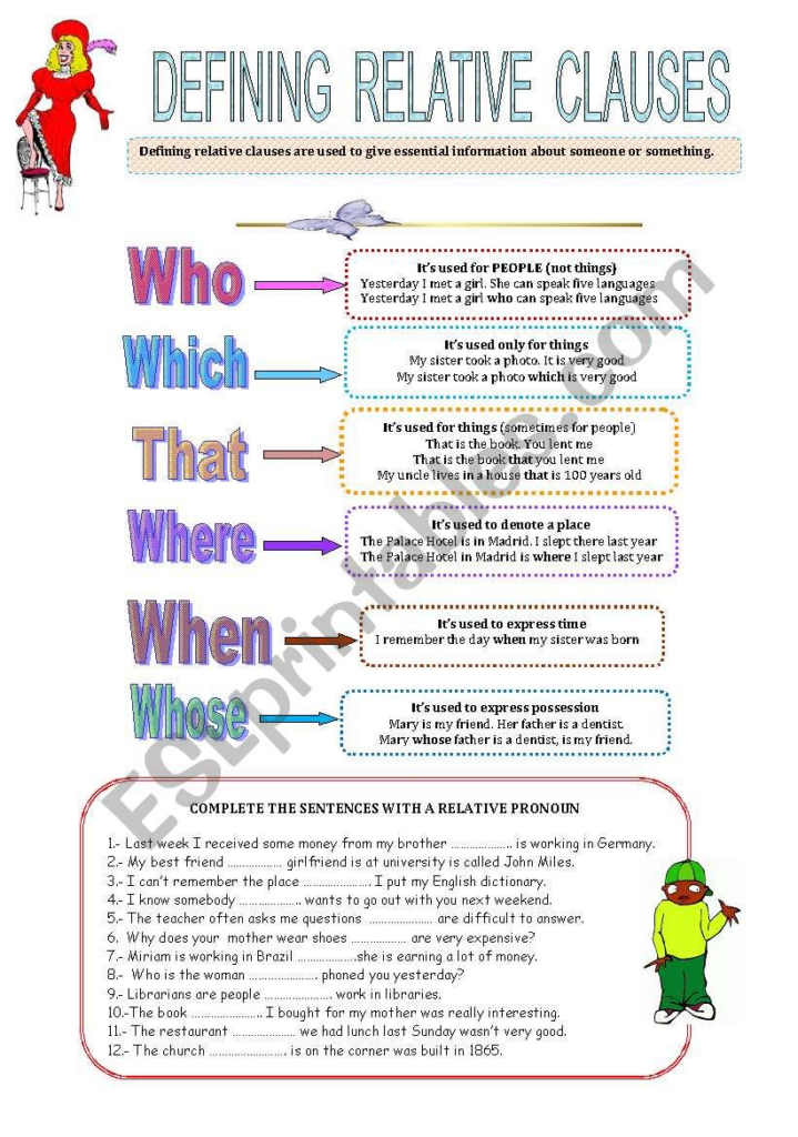 DEFINING RELATIVE CLAUSES Worksheet Relative Clauses Relative 