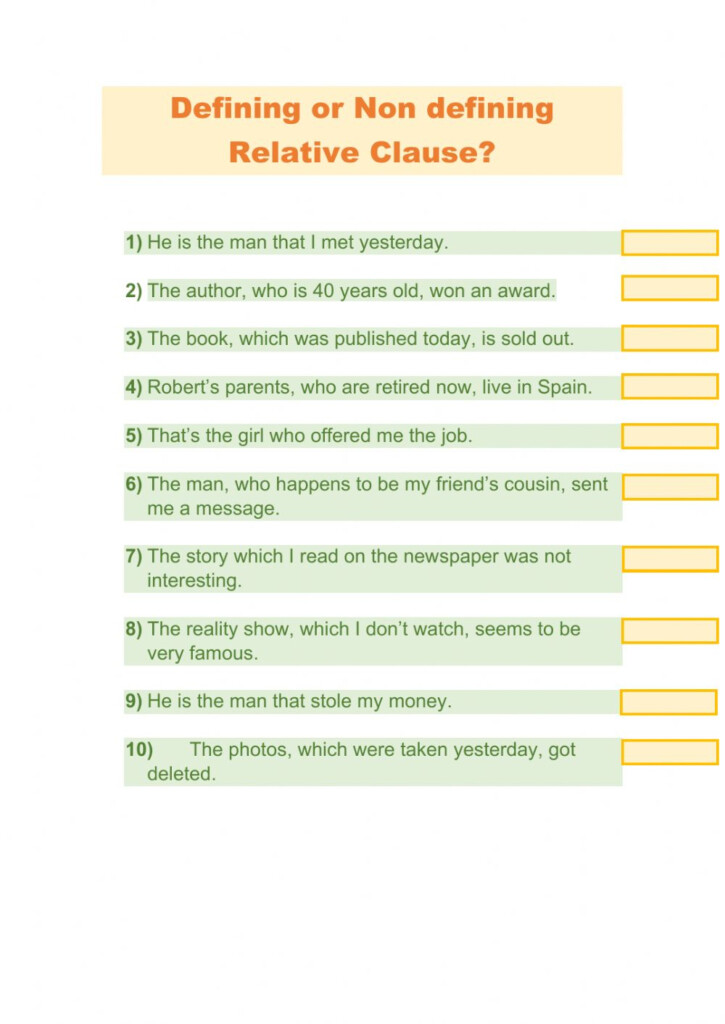 Defining Vs Non Defining Relative Clause Worksheet