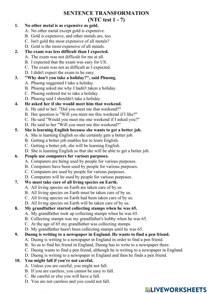 E9 FT NTC 2021 Sentence Transformation Worksheet