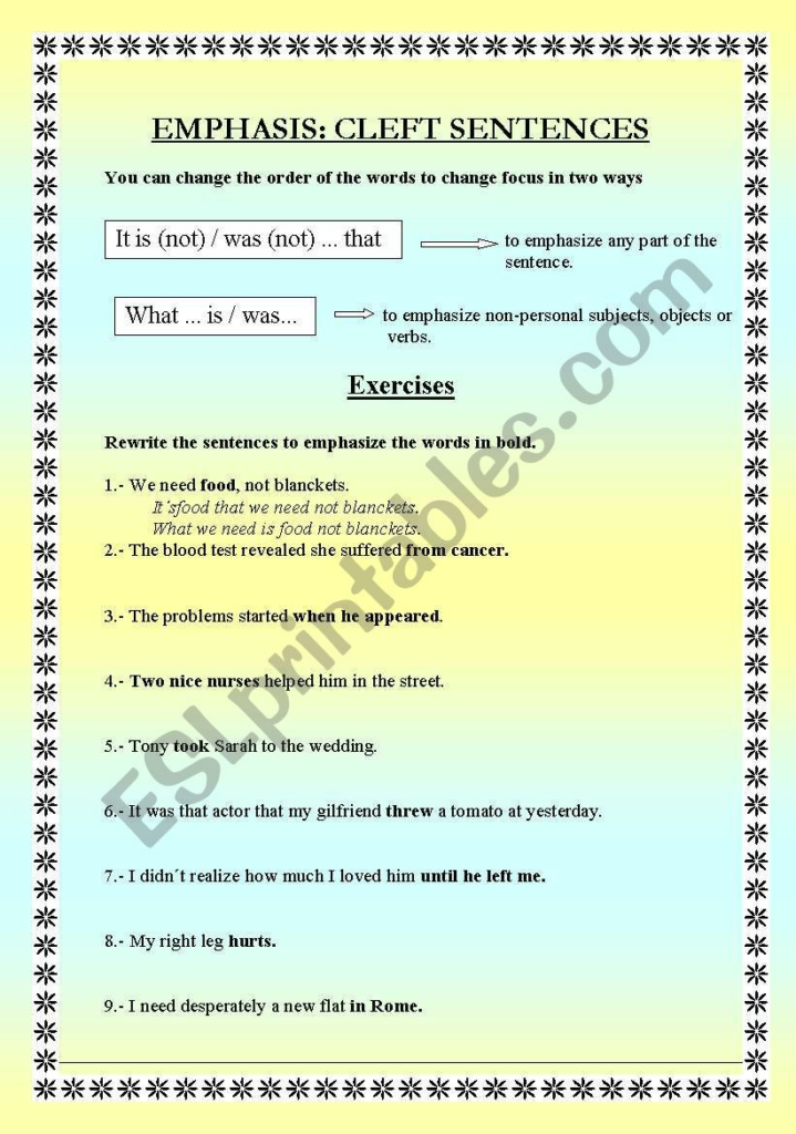 EMPHASIS CLEFT SENTENCES Worksheet Sentences Vocabulary Skills 