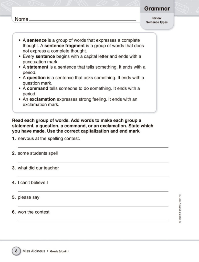 English Grammar 5th Grade English Grammar Grammar Sentence Fragments