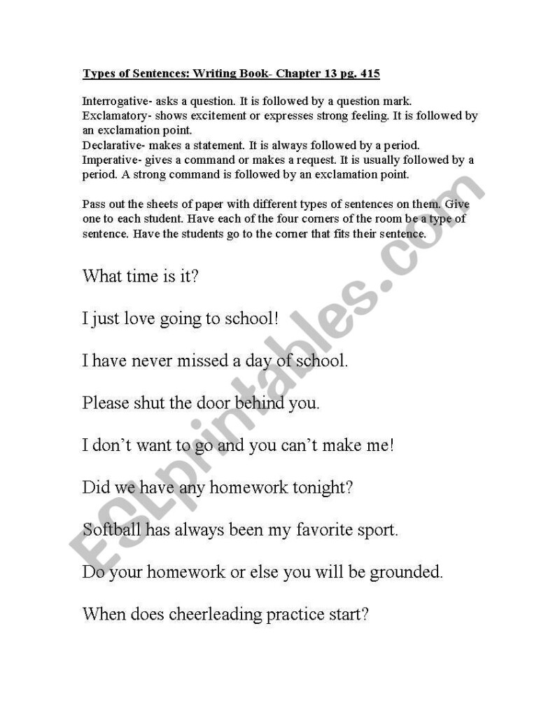 English Worksheets Classifying Sentences Activity