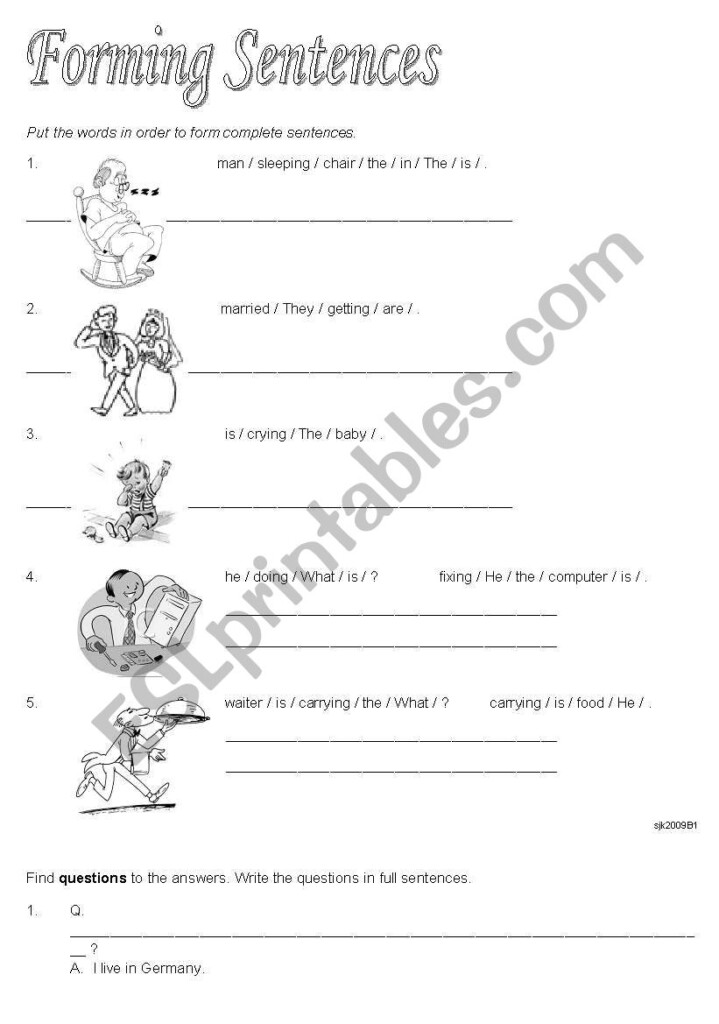 English Worksheets Forming Sentences