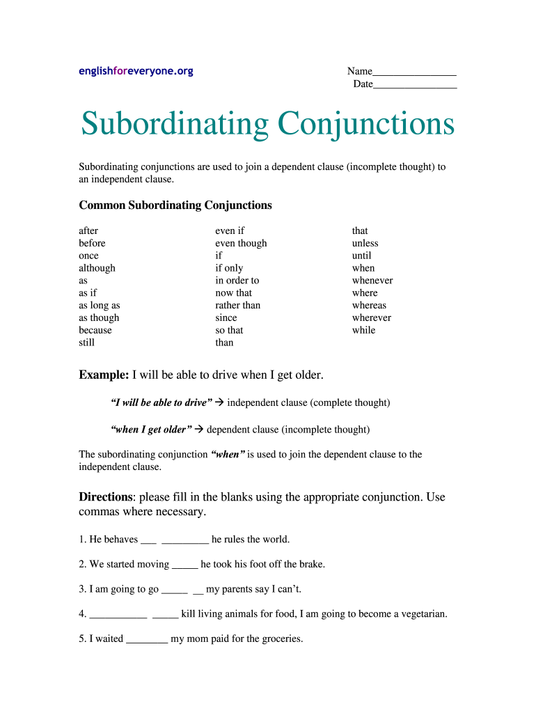 Englishforeveryone Org Subordinating Conjunctions Answers Fill Out 