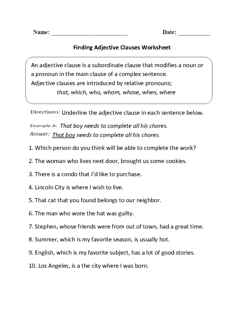 Englishlinx Clauses Worksheets Adjectives Adjective Worksheet 