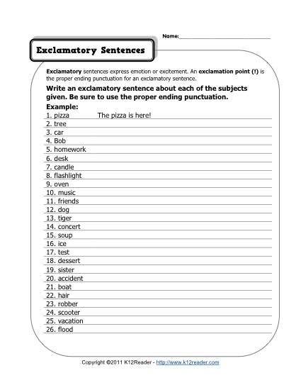 Exclamatory Sentences Free Worksheets Samples