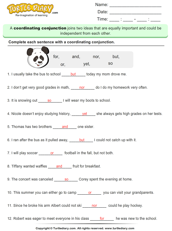 Fill In The Blank With Coordinating Conjunction Worksheet Turtle Diary