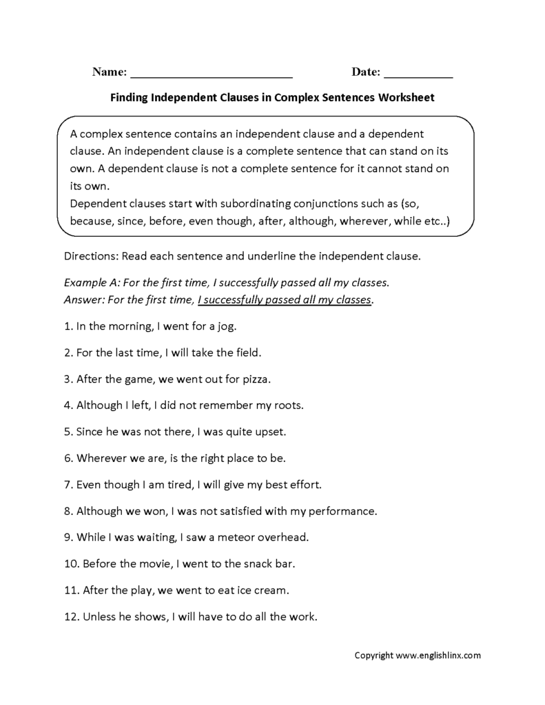 Finding Independent Clauses Complex Sentences Worksheets Complex 