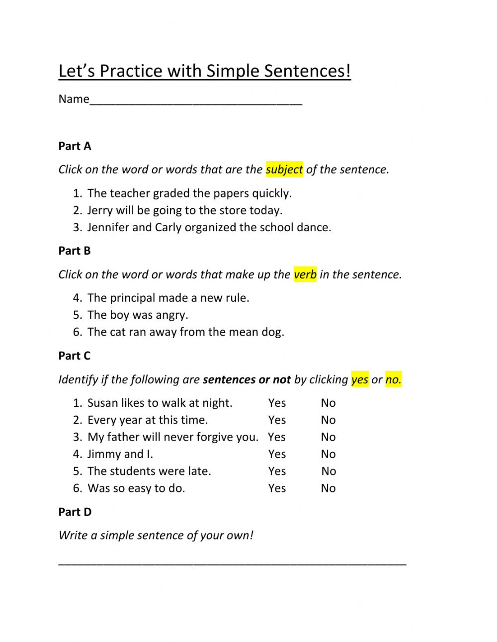 Identifying Subjects And Verbs Worksheet