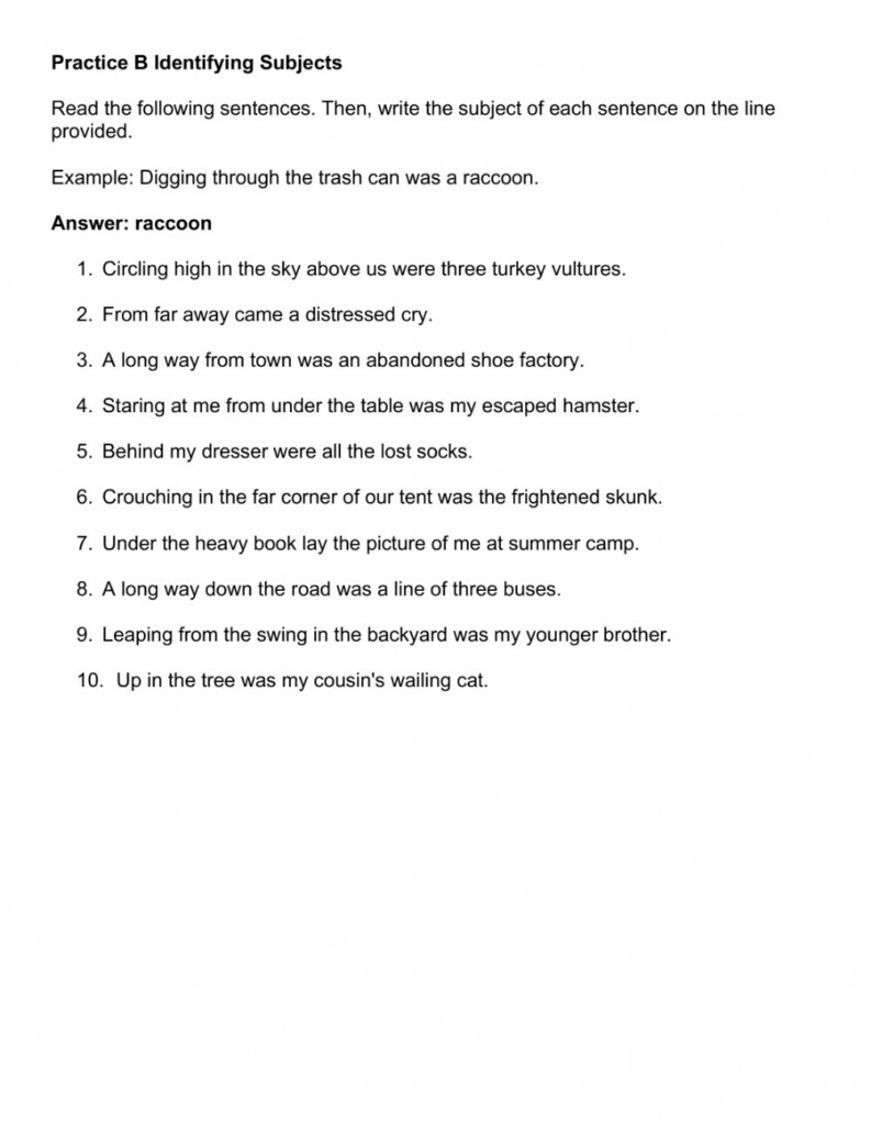 Identifying Subjects In Sentences Inverted For Emphasis Worksheet