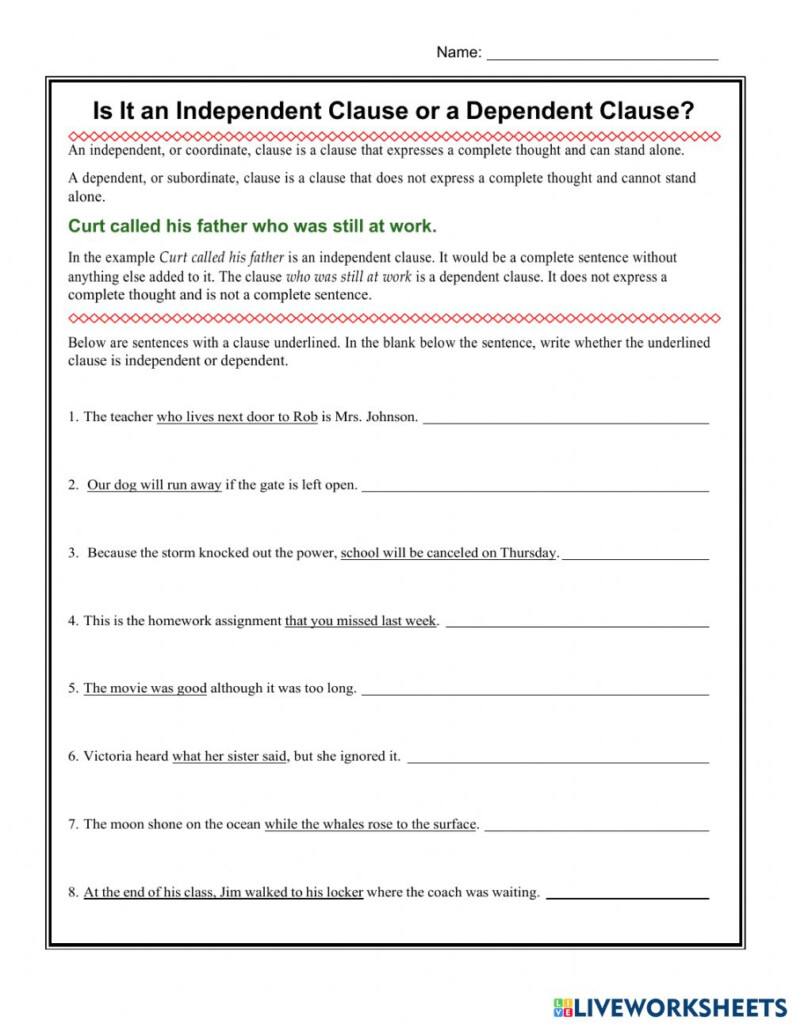 Independent And Subordinate Clauses Worksheet With Answers