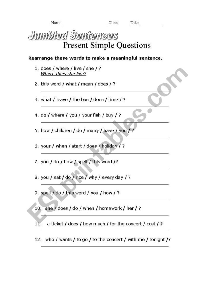 Jumbled Sentences Question In Present Simple ESL Worksheet By Chai