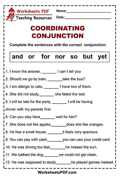 Kinds Of Conjunctions Worksheets Pdf Conjunction Worksheets