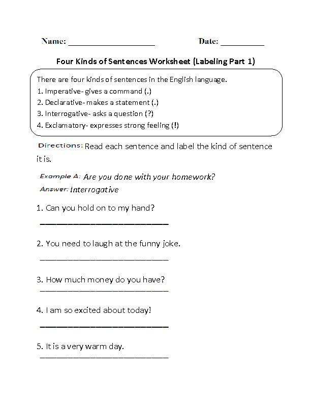 Kinds Of Sentences Worksheets Labeling Four Kinds Of Sentences 