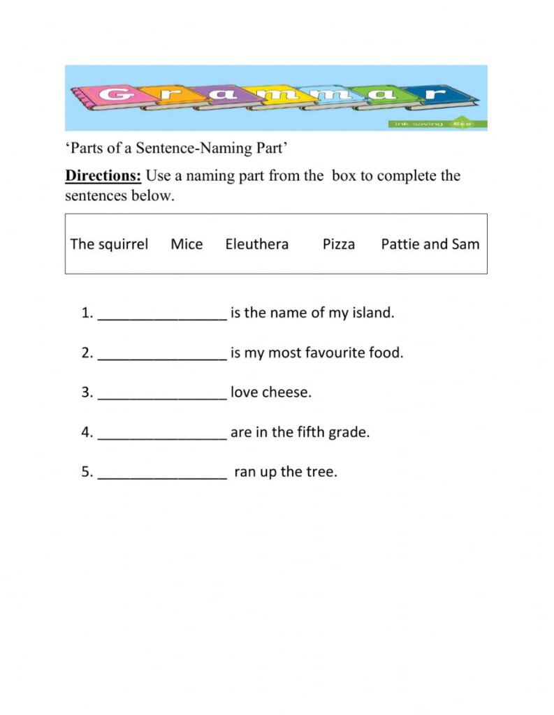 Naming Part Of A Sentence Worksheet