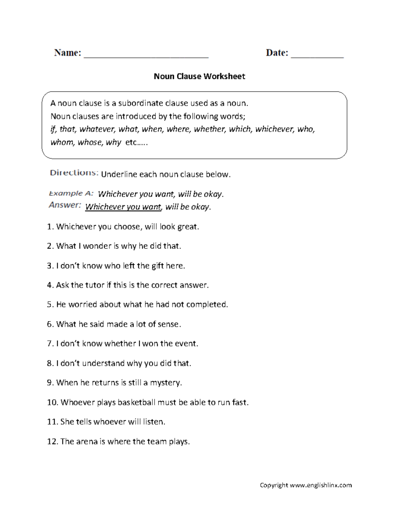 Noun Clauses Worksheet With Answers Pdf Australian Examples Step by 