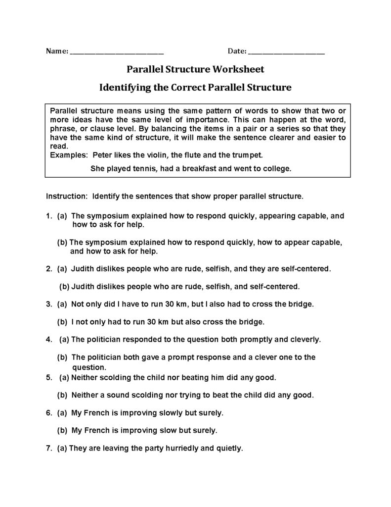 Parallel Structure Worksheets Identifying Correct Parallel Structure 