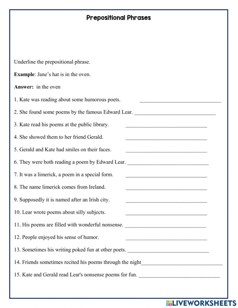 Prepositional Phrase Worksheet With Answers