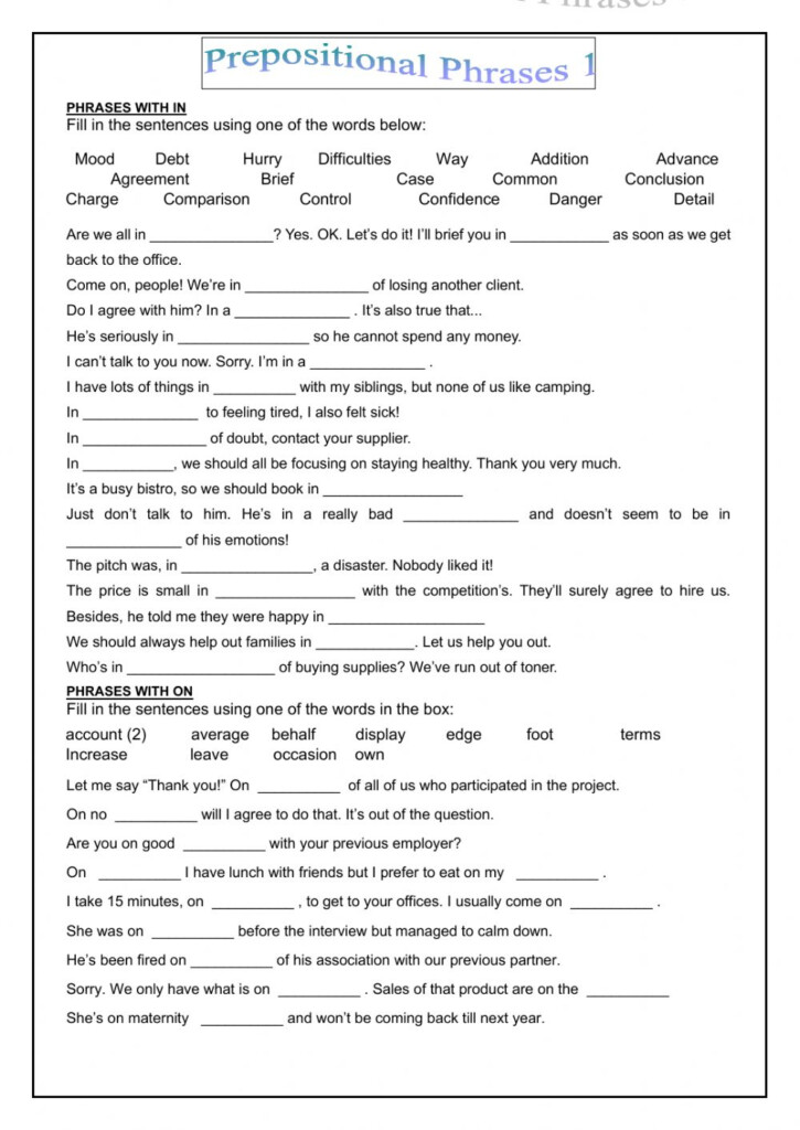 Prepositional Phrase Worksheet With Answers