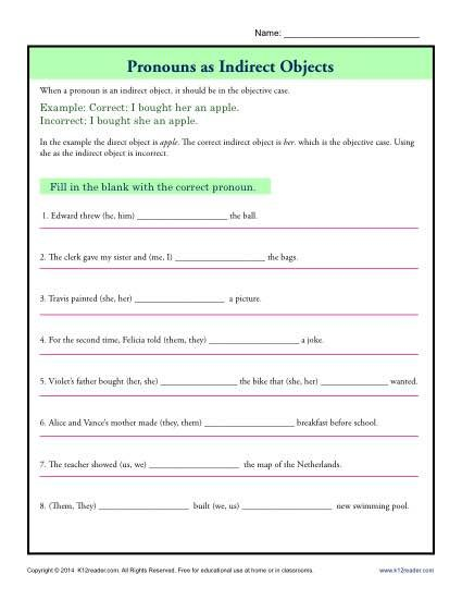 Pronouns As Indirect Objects Parts Of A Sentence Worksheets