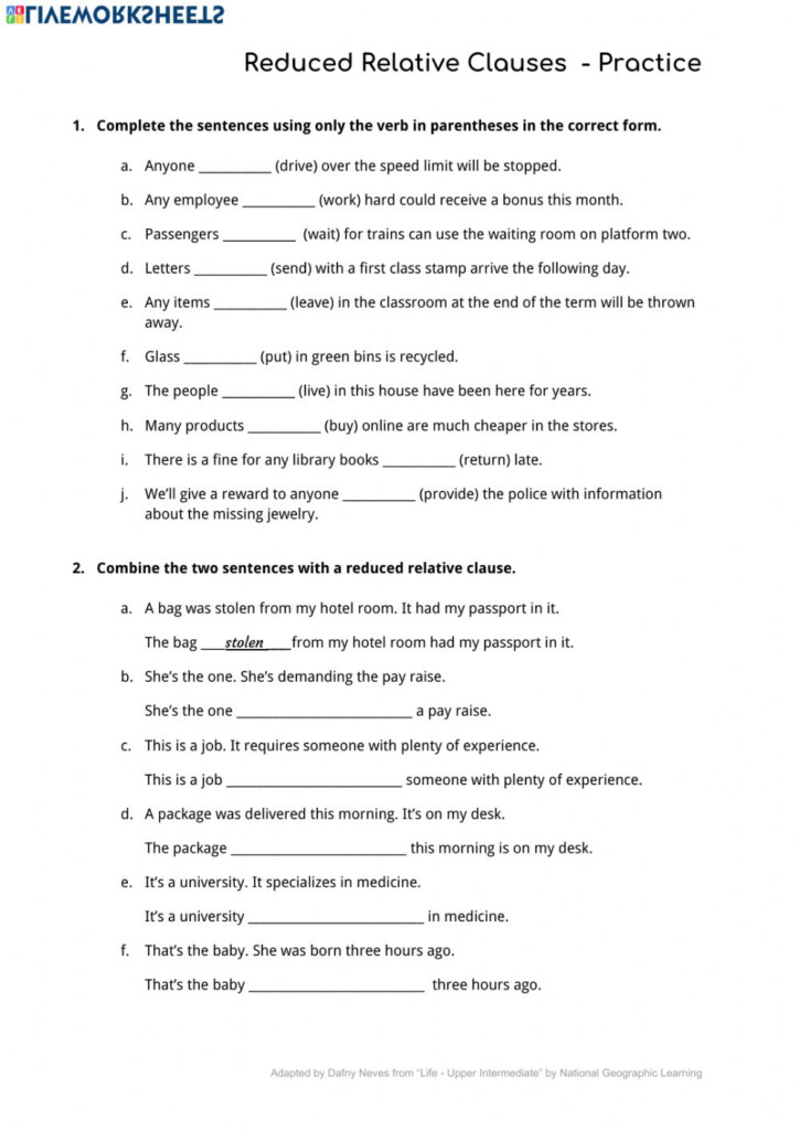 Reduced Relative Clauses Worksheet