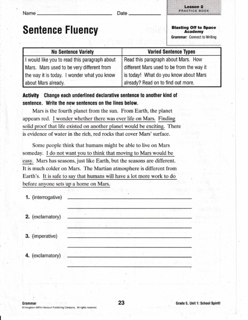 Sentence Fluency Worksheet