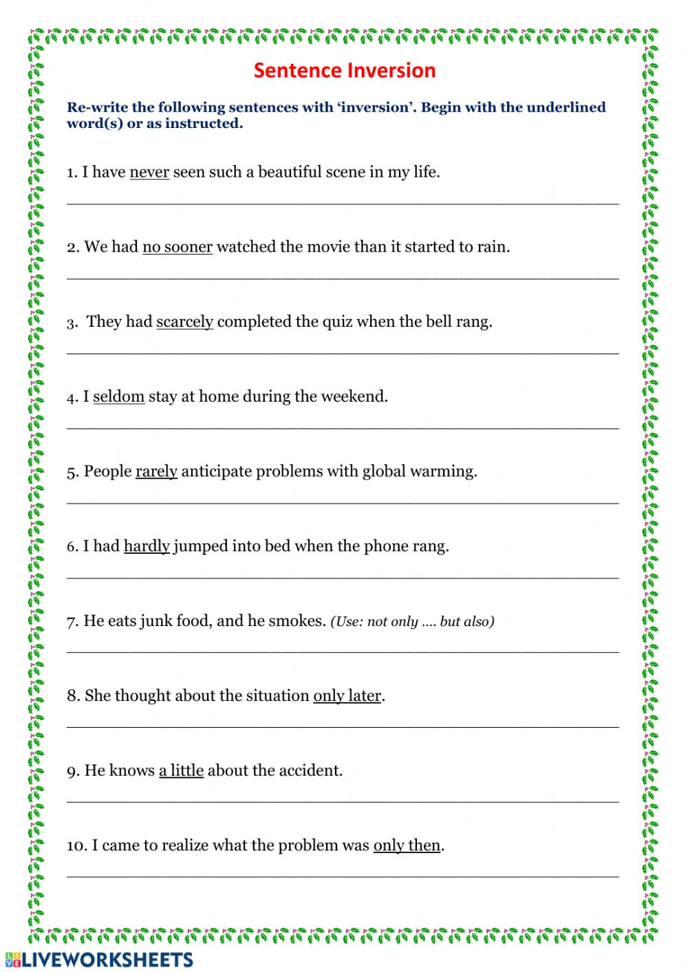 Sentence Inversion Worksheet