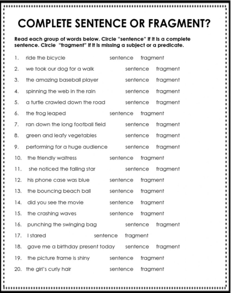 Sentence Or Fragment Worksheet