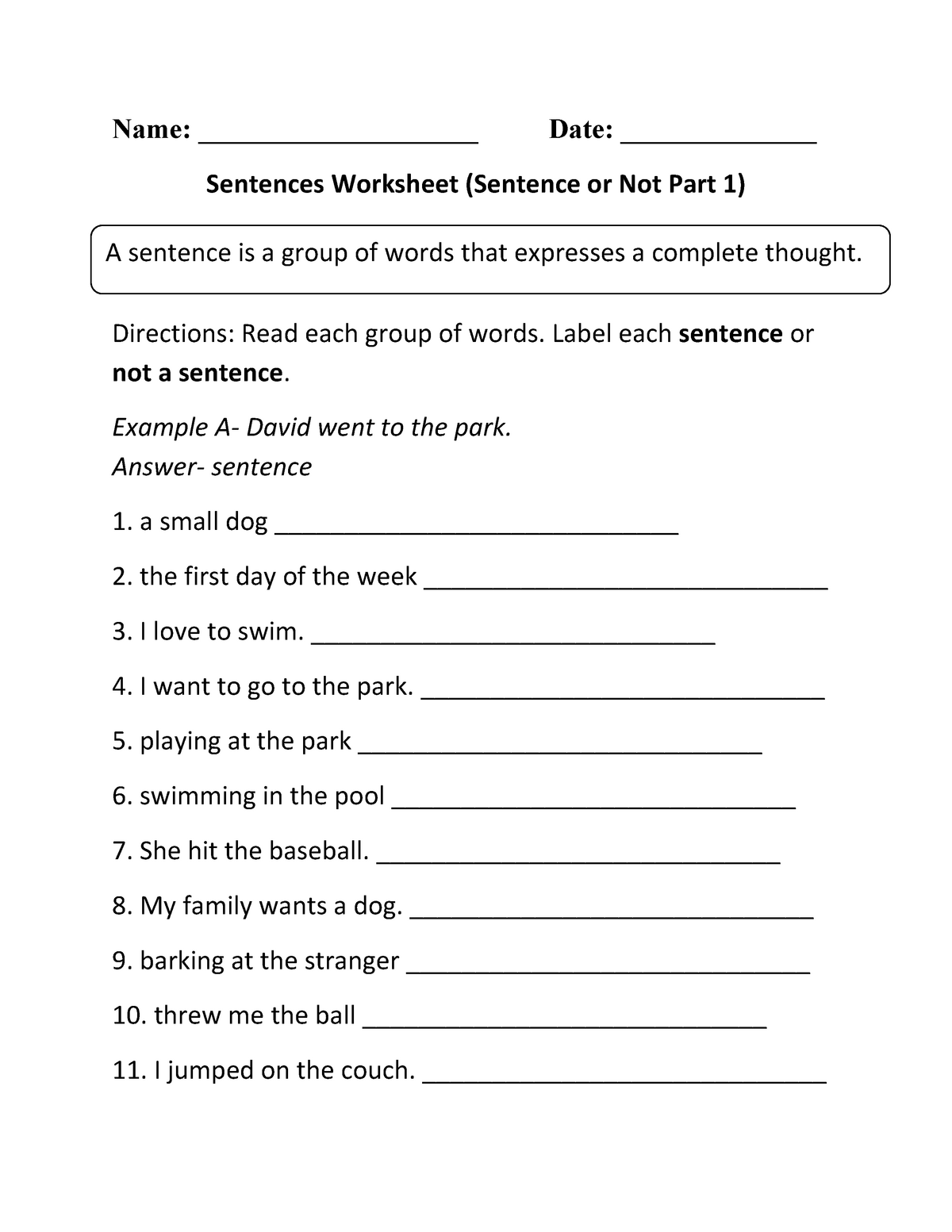 Sentence Worksheet For Grade 2 Name Date