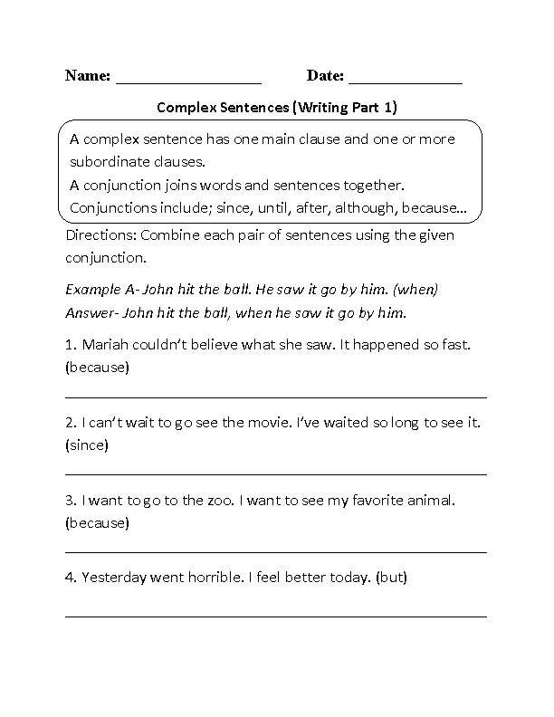 Sentences Worksheets Complex Sentences Worksheets Complex Sentences 