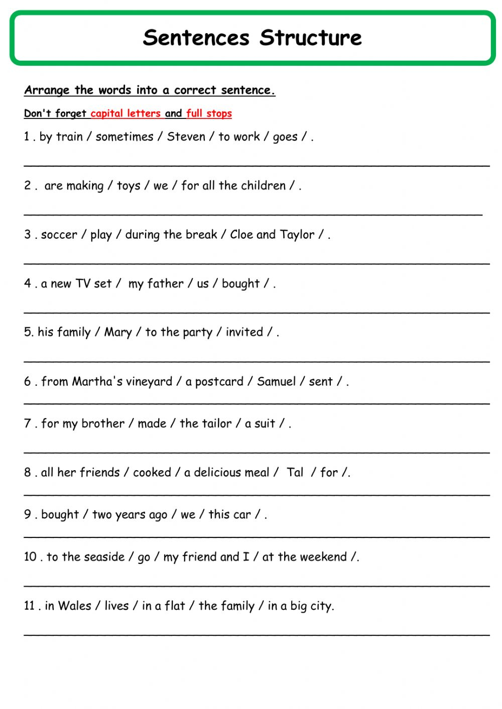 Simple Past Sentence Making Worksheet Simple Sentences Match