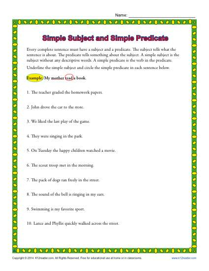 Simple Subject And Simple Predicate 3rd Grade Worksheets