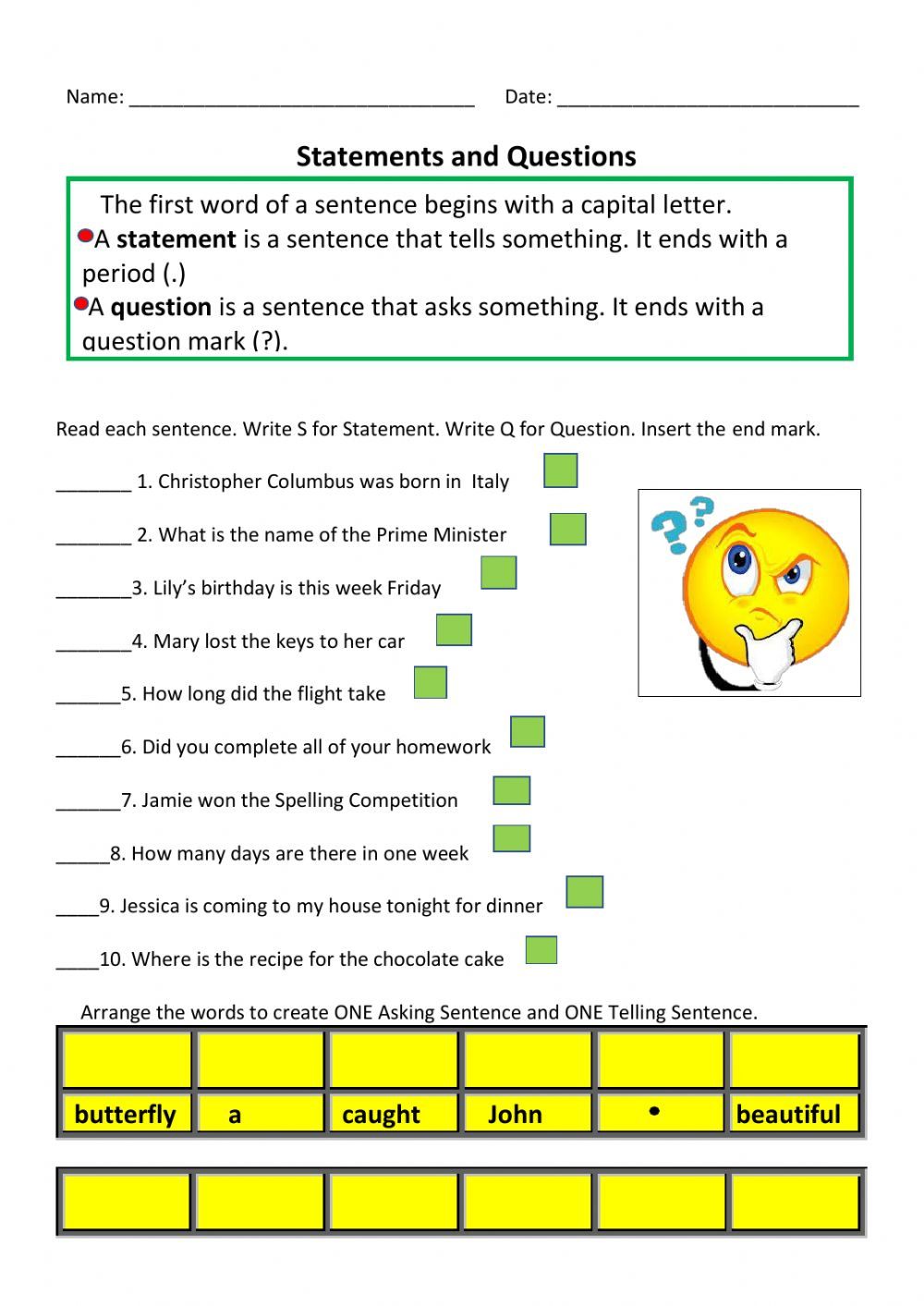 Statement And Question Sentences Worksheet