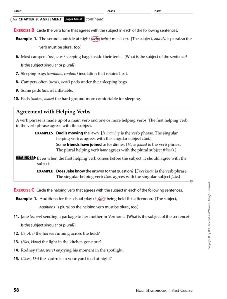 Subject Verb Agreement Inverted Sentences Worksheets With Answers 