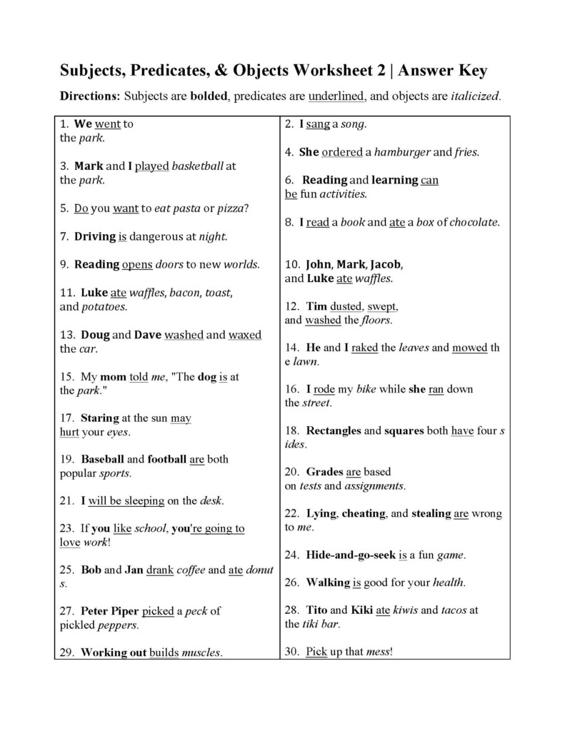 Subjects Predicates And Objects Worksheet 2 Answers