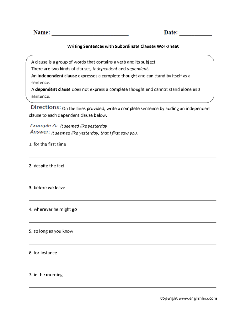 Subordinate Clause Worksheet With Answers Thekidsworksheet