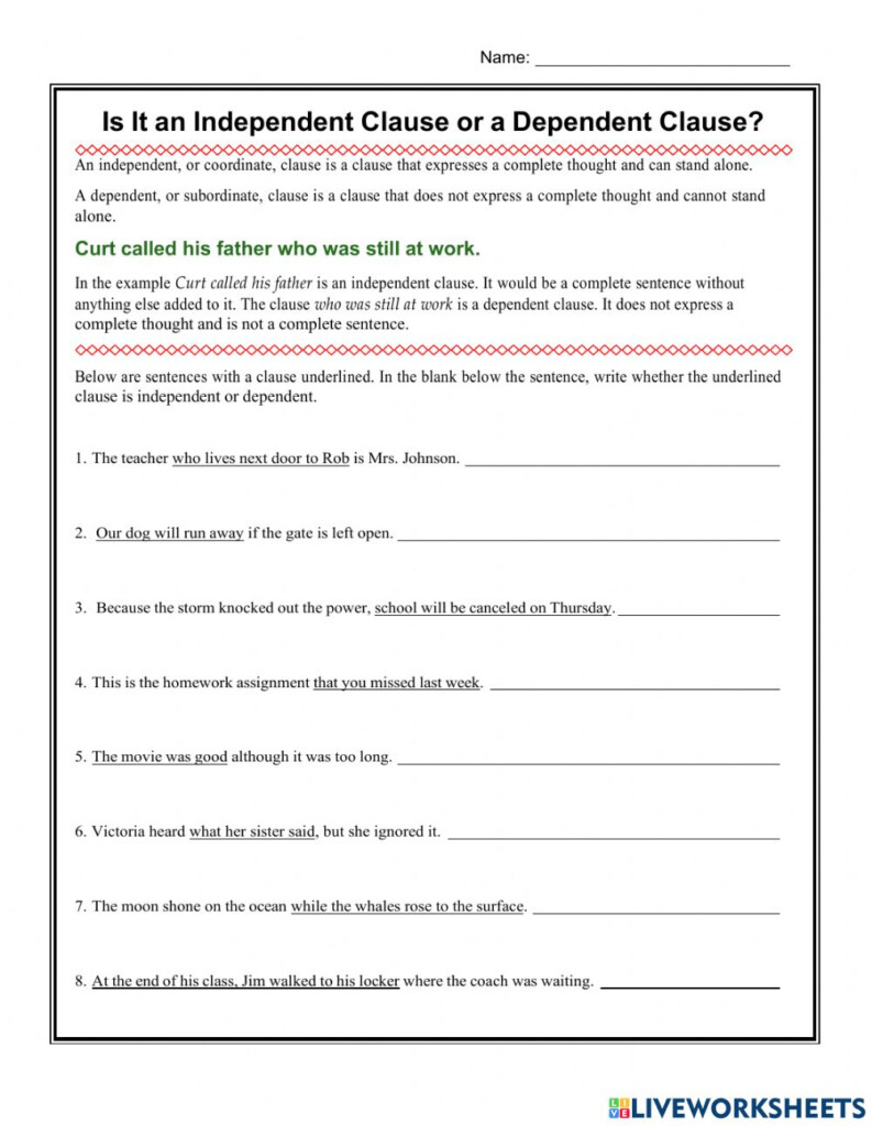 Subordinate Clauses Worksheet With Answers Pdf Independent And 