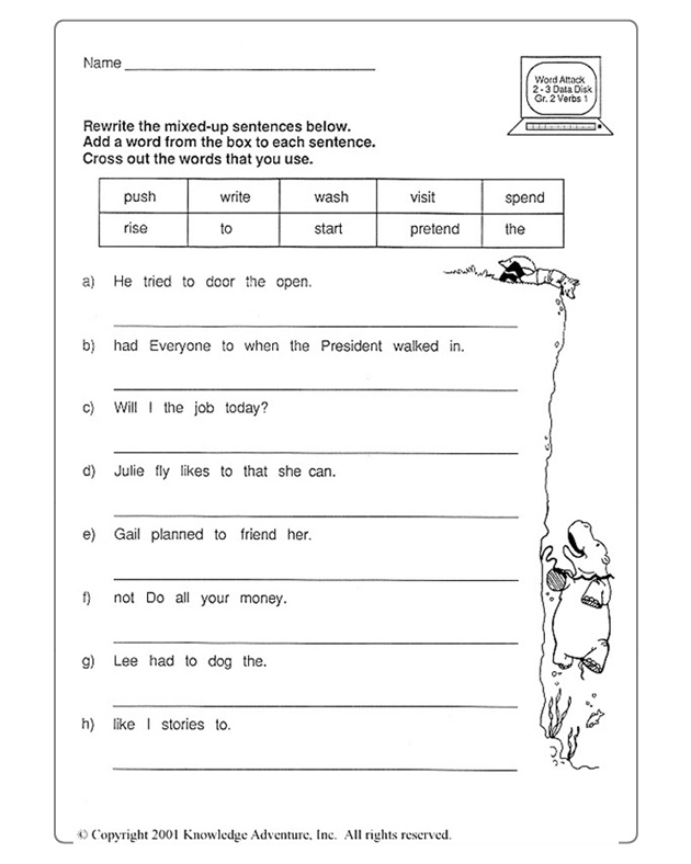 Verb Attack Jumbled Sentences Fun 2nd Grade Worksheet JumpStart