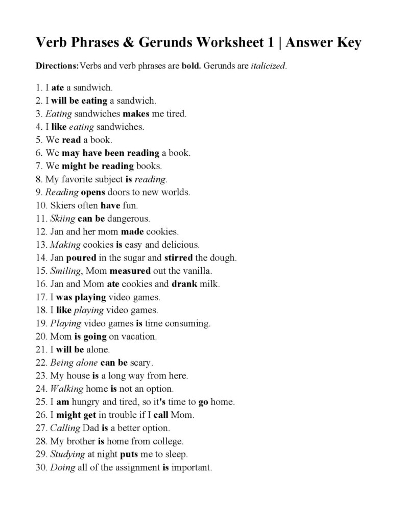 Verbs Verbs Of Being And Gerunds Worksheet Answers