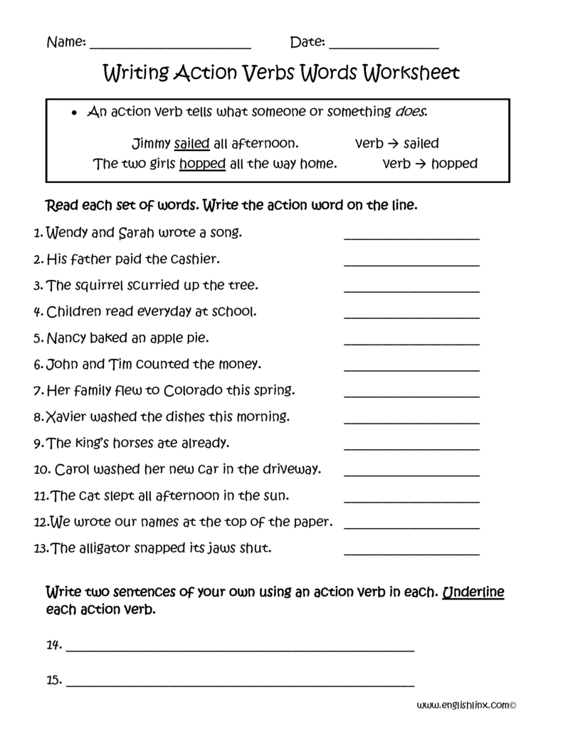 Writing Action Verbs Words Worksheets Action Verbs Worksheet Verb 