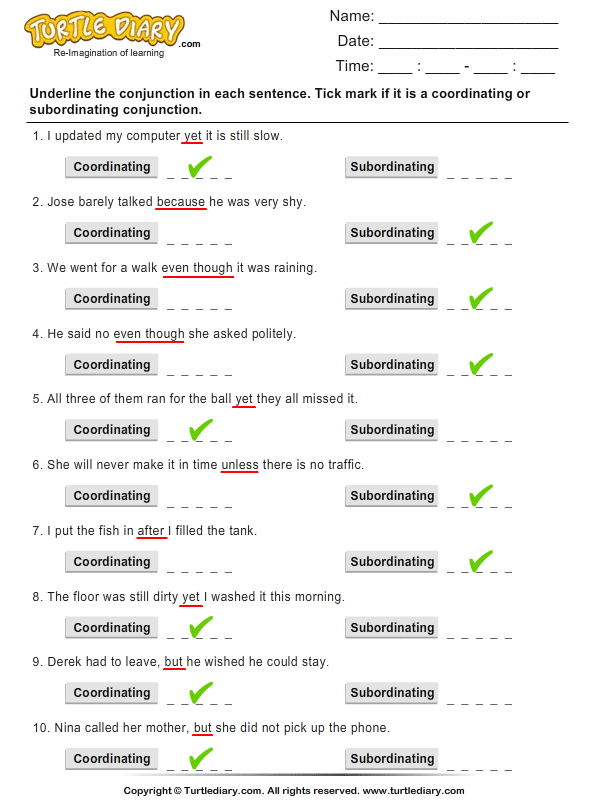 Writing Coordinating And Subordinating Conjunctions Worksheet Turtle