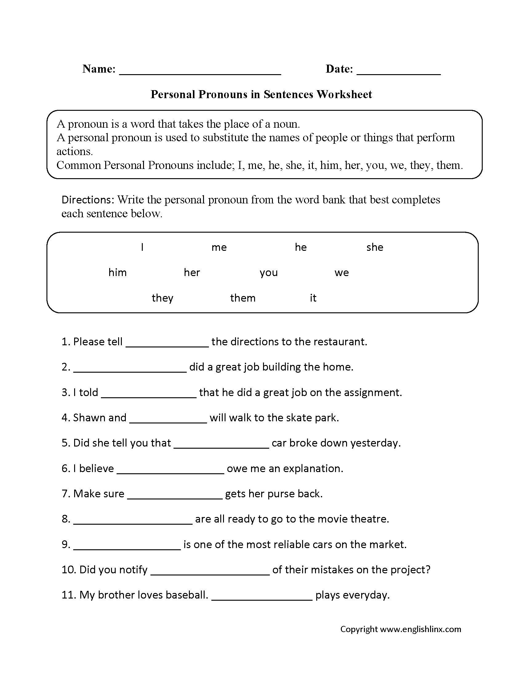 10 Free Pronoun Worksheets