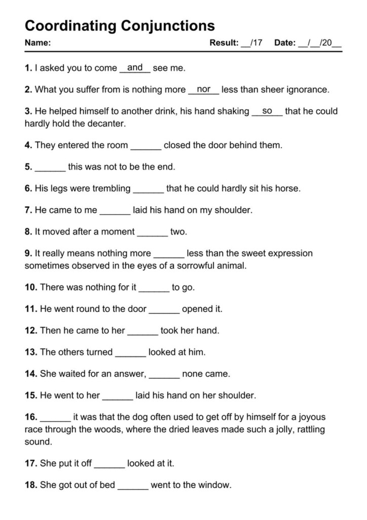 101 Printable Coordinating Conjunctions PDF Worksheets With Answers 