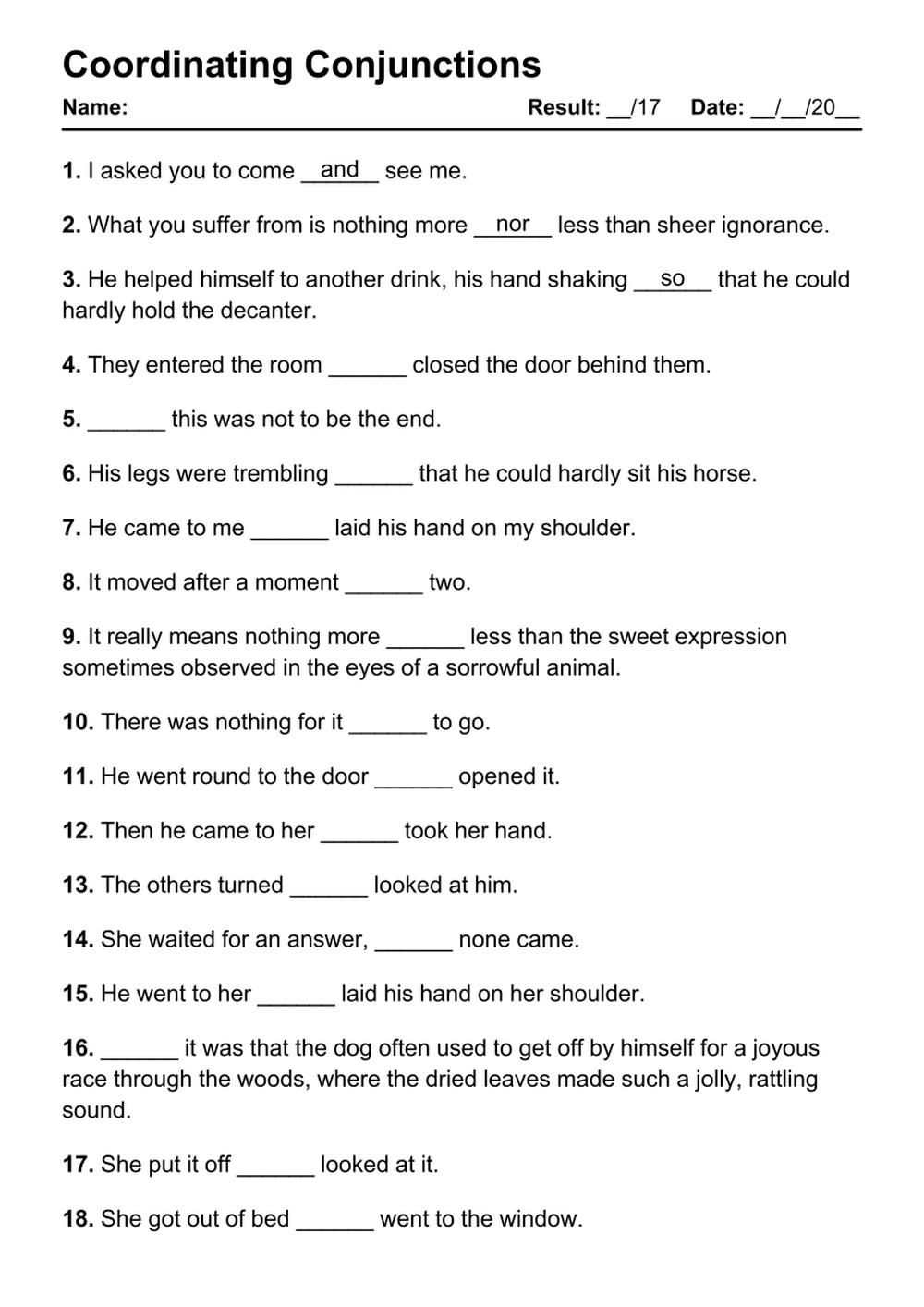 101 Printable Coordinating Conjunctions PDF Worksheets With Answers