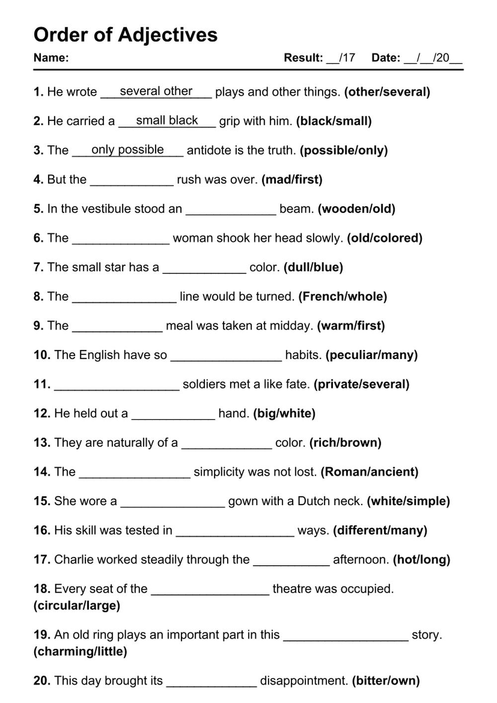 101 Printable Order Of Adjectives PDF Worksheets With Answers Grammarism